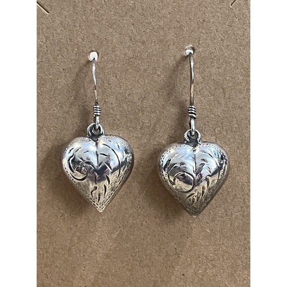 VTG 80s Sterling Silver Etched Puffed Heart Love Dangle Hook Earrings Boho - Picture 1 of 9